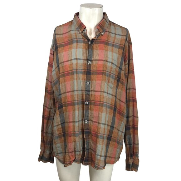 32 BAR BLUES -MEN'S XXXL - PLAID LONG SLEEVE BUTTON COLLARED 100% LINEN SHIRT - Picture 1 of 7